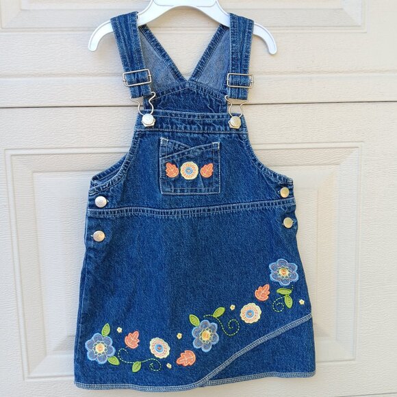 VTG Y2K Young Hearts 3T Denim Overall Jumper Dress Floral Embroidery Autumn Fall - Picture 1 of 5